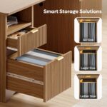 Bestier 59 inch Office Desk with 2 Drawer, Computer Desk with File Cabinet & 2 Open Storage, Modern Fluted Wood Desk for Home Office Bedroom Study, Natual Oak - Image 4