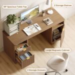 Bestier 59 inch Office Desk with 2 Drawer, Computer Desk with File Cabinet & 2 Open Storage, Modern Fluted Wood Desk for Home Office Bedroom Study, Natual Oak - Image 5