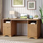 Bestier 59 inch Office Desk with 2 Drawer, Computer Desk with File Cabinet & 2 Open Storage, Modern Fluted Wood Desk for Home Office Bedroom Study, Natual Oak - Image 6