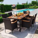 Devoko Dining 7 PCS Furniture, Patio Conversation Set with Acacia Wood Table Top, Outdoor, Beige Cushion and Black Rattan - Image 3
