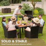 Devoko Dining 7 PCS Furniture, Patio Conversation Set with Acacia Wood Table Top, Outdoor, Beige Cushion and Black Rattan - Image 7