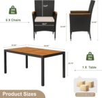 Devoko Dining 7 PCS Furniture, Patio Conversation Set with Acacia Wood Table Top, Outdoor, Beige Cushion and Black Rattan - Image 10