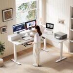 OffiGo 59 Inch L Shaped Electric Standing Desk with Drawers, Height Adjustable Corner Computer Desk with Keyboard Tray & Monitor Stand, Stand Up Table for Home Office Workstation, White - Image 3
