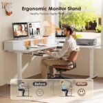 OffiGo 59 Inch L Shaped Electric Standing Desk with Drawers, Height Adjustable Corner Computer Desk with Keyboard Tray & Monitor Stand, Stand Up Table for Home Office Workstation, White - Image 5