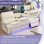 Leather Power Recliner Sofa Set, Living Room Furniture Sets, Reclining Sofa, Loveseat and Chair with Cup Holders/Storage, Breathing Leather Couch Funiture for Living Room, 3+2+1, Cream White#2 - Image 4