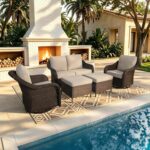 5 Piece Patio Wicker Conversation Set, All-Weather Use Outdoor Wicker Loveseat with 2 PE Rattan Ottomans,2 Swivel Chair, Ideal for Porch, Backyard, Balcony, Poolside, Beige - Image 10