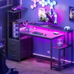 Korfile 48 Inch Gaming Desk with LED Lights & Power Outlets,Computer Desk with Fabric Drawers & Side Hook,Reversible Gamer Table with Monitor Stand for Game Room,Home Office,Carbon Fiber Black - Image 3