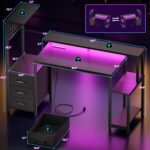 Korfile 48 Inch Gaming Desk with LED Lights & Power Outlets,Computer Desk with Fabric Drawers & Side Hook,Reversible Gamer Table with Monitor Stand for Game Room,Home Office,Carbon Fiber Black - Image 4