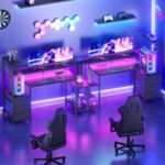 Korfile 48 Inch Gaming Desk with LED Lights & Power Outlets,Computer Desk with Fabric Drawers & Side Hook,Reversible Gamer Table with Monitor Stand for Game Room,Home Office,Carbon Fiber Black - Image 7
