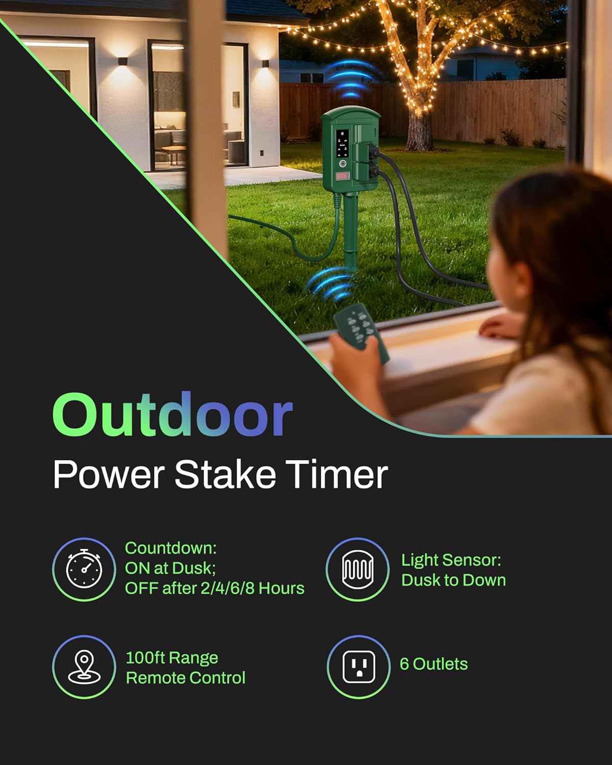 BN-LINK Outdoor Power Stake with Dusk to Dawn Timer, Waterproof 6 Grounded Outlets, 6FT Cord, 100FT Remote Control, Heavy Duty Outdoor Plug for Christmas Lights, Yard, Garden, ETL Listed - Image 3