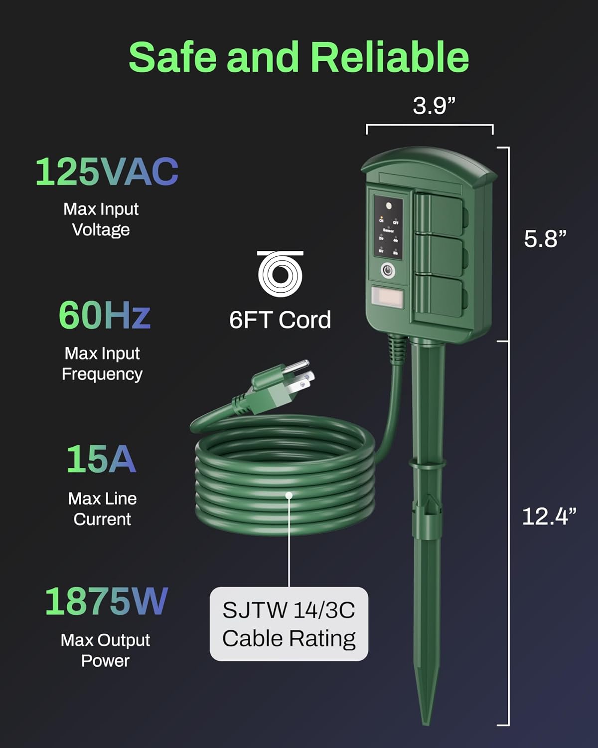 BN-LINK Outdoor Power Stake with Dusk to Dawn Timer, Waterproof 6 Grounded Outlets, 6FT Cord, 100FT Remote Control, Heavy Duty Outdoor Plug for Christmas Lights, Yard, Garden, ETL Listed - Image 6