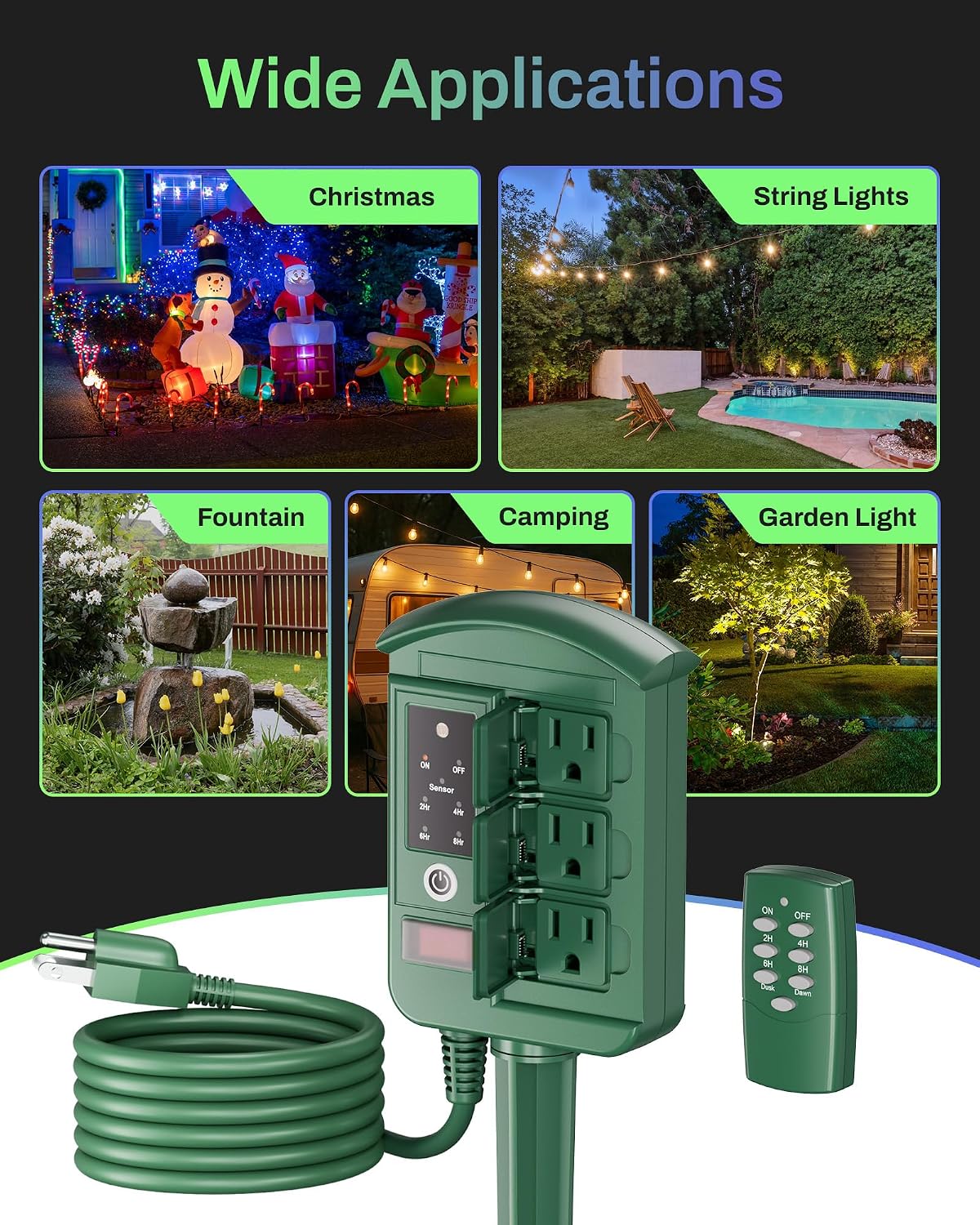 BN-LINK Outdoor Power Stake with Dusk to Dawn Timer, Waterproof 6 Grounded Outlets, 6FT Cord, 100FT Remote Control, Heavy Duty Outdoor Plug for Christmas Lights, Yard, Garden, ETL Listed - Image 8