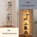 Furnulem 6 Tier Corner Shelf with LED Light, 67.5” Tall Standing Shelf Organizer, White Narrow Bookshelf with Storage Rack for Wall Corner, Living Room, Bedroom, Metal Frame, Wood Display Shelf - Image 7