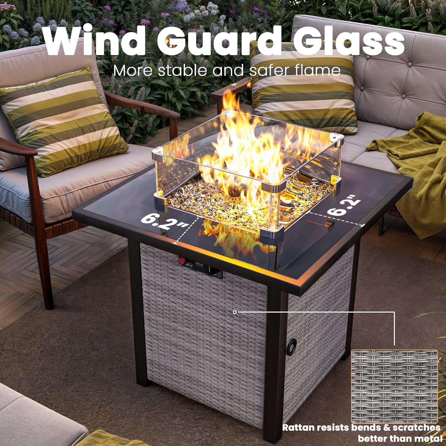 Propane Outdoor Fire Pit Table, 28" Rattan Square Fire Pit Table, Outdoor Gas FirePit With Glass Wind Guard, Tempered Glass Tabletop, Lid, CSA Listed, 50,000 BTU, Outside Patio & Garden, Grayish-White - Image 3