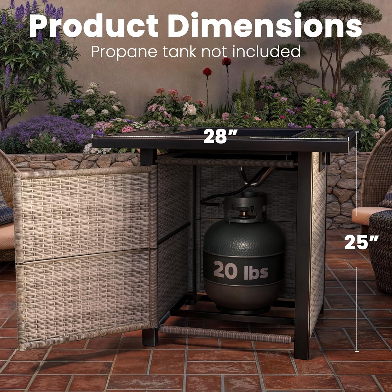 Propane Outdoor Fire Pit Table, 28" Rattan Square Fire Pit Table, Outdoor Gas FirePit With Glass Wind Guard, Tempered Glass Tabletop, Lid, CSA Listed, 50,000 BTU, Outside Patio & Garden, Grayish-White - Image 7