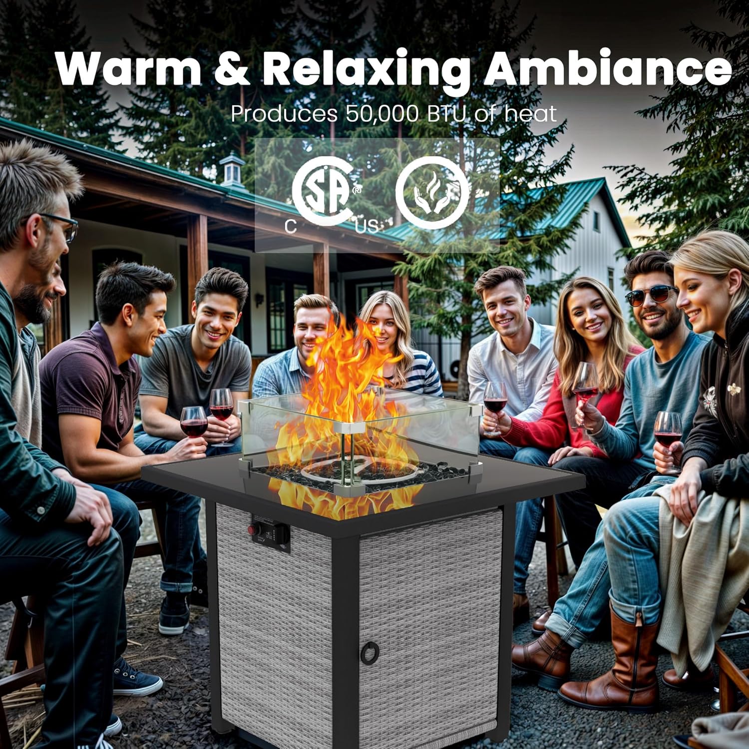 Propane Outdoor Fire Pit Table, 28" Rattan Square Fire Pit Table, Outdoor Gas FirePit With Glass Wind Guard, Tempered Glass Tabletop, Lid, CSA Listed, 50,000 BTU, Outside Patio & Garden, Grayish-White - Image 8