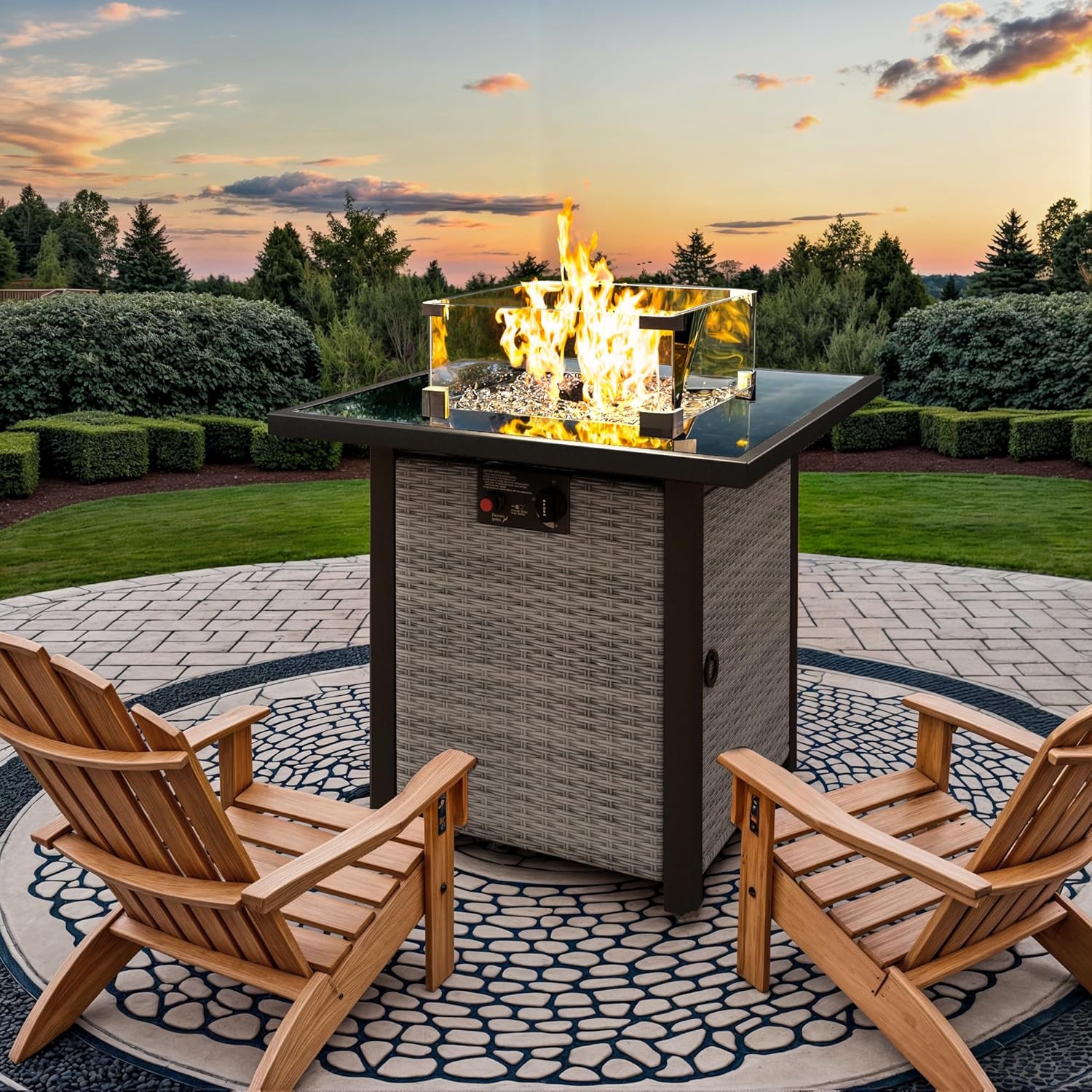 Propane Outdoor Fire Pit Table, 28" Rattan Square Fire Pit Table, Outdoor Gas FirePit With Glass Wind Guard, Tempered Glass Tabletop, Lid, CSA Listed, 50,000 BTU, Outside Patio & Garden, Grayish-White - Image 9