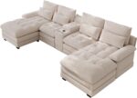 134"U Shaped Sectional Couch for Living Room, Modern Chenille 6 Seat Living Room Sofa Set with Storage Console, Oversized Modular Sectional Fluffy Couch with Tufted Buttons & Chaise Lounge,Beige - Image 9