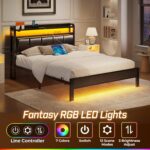 Rolanstar Bed Frame Queen Size with Charging Station and LED Lights, PU Leather Headboard with Storage Shelves, Heavy Duty Metal Slats, No Box Spring Need, Noise Free, Easy Assembly, Black - Image 4