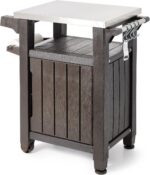 Keter Unity 40 Gallon Stainless Steel Top Grilling Bar Cart with Circa 37 Gallon Round Deck Box Multipurpose Storage Table and Seating, Brown - Image 3