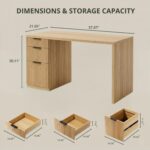 FURSUN 58" Home Office Desk with Power Outlet & File Cabinet, Modern Fluted Executive Desk with 3 Storage Drawers, Large Computer Workstation for Study & Bedroom, Natural Oak - Image 3