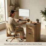 FURSUN 58" Home Office Desk with Power Outlet & File Cabinet, Modern Fluted Executive Desk with 3 Storage Drawers, Large Computer Workstation for Study & Bedroom, Natural Oak - Image 4