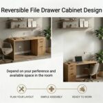 FURSUN 58" Home Office Desk with Power Outlet & File Cabinet, Modern Fluted Executive Desk with 3 Storage Drawers, Large Computer Workstation for Study & Bedroom, Natural Oak - Image 5