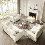 KEIKI 3-Piece Chesterfield Sofa Set with 1 Velvet 3-Seater Sofa & 1 Loveseat & 1 Single Sofa, 6-Seater Couch Set with Nailhead Trim & Rolled Arms & 1 Ottoman & 6 Pillow, for Living Room, White - Image 4