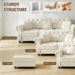 KEIKI 3-Piece Chesterfield Sofa Set with 1 Velvet 3-Seater Sofa & 1 Loveseat & 1 Single Sofa, 6-Seater Couch Set with Nailhead Trim & Rolled Arms & 1 Ottoman & 6 Pillow, for Living Room, White - Image 8