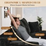 108" L Shaped Boneless Sectional Couches for Living Room, Comfy Corduroy Floor Cloud Sofa with Chaise, Wide Armrest, Deep Seat, Memory Foam, Assembly Free, Ideal for Small Spaces, Black - Image 6