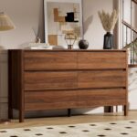 Furniway 55" Mid-Century Modern Dresser for Bedroom, 6 Drawer Wide Chest of Drawers with Wood Legs, Large Storage Bedroom Dresser, Walnut - Image 7