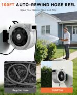 SUNPOW Retractable Garden Hose Reel - 1/2" x 100ft Wall Mounted Hose Reel with 3/4'' Brass Fitting & 10-Pattern Nozzle - Auto Slow Retraction, Any-Length Lock, 180°Swivel for Lawn & Gardening - Image 3