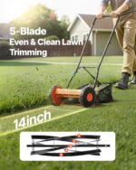 VEVOR Push Reel Lawn Mower 14 inch, 5 Blades Manual Push Mower No Motor, 0.6-1.75 in Adjustable Cutting Height, Walk-Behind Lawn Mowers with Grass Catcher Bag for Green Lawns, Driveways, Courtyards - Image 3