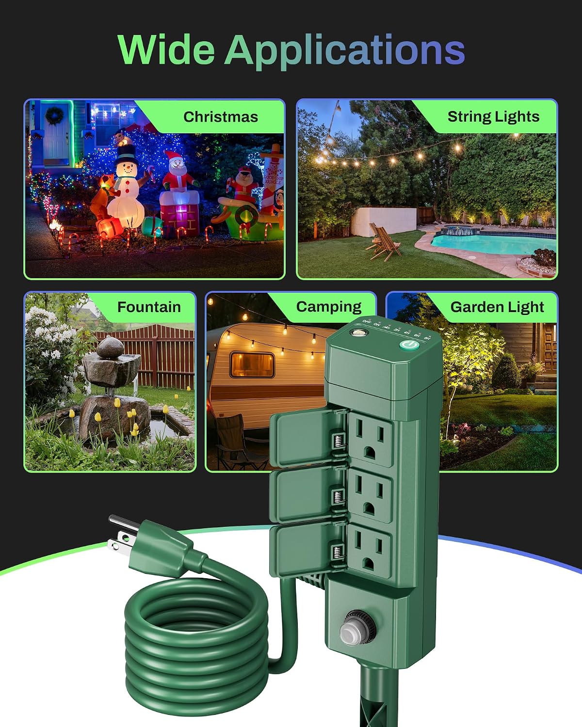 BN-LINK Outdoor Power Stake Timer, Dusk to Dawn Sensor for Outdoor Lights, 6 Grounded Outlets, 6ft Extension Cord, 1875W/15A,Christmas Decorations, ETL Listed - Image 8