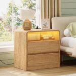 TEENFON Nightstands Set of 2 with Charging Station & LED Lights, Curved Corner Bedside Table 21.7" W, 2 Drawers & Open Shelf, USB-C & USB Ports, Natural, Storage End Table for Bedroom/Living Room - Image 3