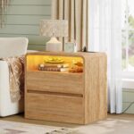 TEENFON Nightstands Set of 2 with Charging Station & LED Lights, Curved Corner Bedside Table 21.7" W, 2 Drawers & Open Shelf, USB-C & USB Ports, Natural, Storage End Table for Bedroom/Living Room - Image 5