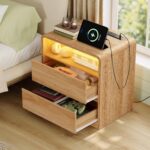TEENFON Nightstands Set of 2 with Charging Station & LED Lights, Curved Corner Bedside Table 21.7" W, 2 Drawers & Open Shelf, USB-C & USB Ports, Natural, Storage End Table for Bedroom/Living Room - Image 6