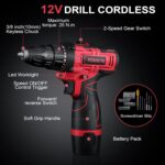 Cordless Drill Tool Set: 12V Power Drill Tool Kit with Battery & Charger, 142Pcs Hand Drill DIY Toolbox, Portable Household Basic Electric Drill Set for Men & Women, Red - Image 3