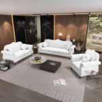 AVZEAR 3-Piece Living Room Sectional Sofa Set, Mid-Century Modern Chesterfield Upholstered Velvet Sofa Couch, Classic Tufted Button White Couch with Nailhead Trim for Living Room, Office (White) - Image 4