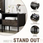Lenia Solid Wood Nightstand, Mid Century Modern Night Stand End Table Bedroom Living Room, Herringbone Pattern Bedside Table for, Rustic Side Table with Drawer & Open Storage, Mocha Black - Image 4