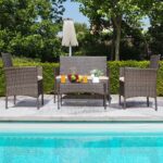Greesum Patio Furniture 4 Pieces Conversation Sets Outdoor Wicker Rattan Chairs Garden Backyard Balcony Porch Poolside loveseat with Soft Cushion and Glass Table, Brown and Beige - Image 4
