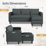 JAMFLY Couches for Living Room, 3-Seat Reversible Sectional Sofa with Convertible Ottoman, Modern Ribbed Fabric L-Shaped Couch for Small Apartment, Studio & Office, Easy Assembly, Grey - Image 3