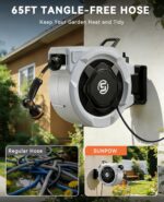 SUNPOW Retractable Garden Hose Reel - 5/8in x 65ft Heavy Duty Wall Mounted Hose Reel with 3/4in Brass Fitting & 10 Function Nozzle - Any Length Lock, Auto Rewind System, 180°Swivel Bracket - Gray - Image 3