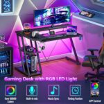 Korfile 40 Inch Gaming Desk with Power Outlet & LED Lights, L Shaped Computer Gaming Table with 3 Tiers Storage Shelves, Corner Gamer Desk with Monitor Stand for Small Space, Carbon Fiber Black - Image 5