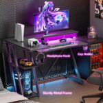 Korfile 40 Inch Gaming Desk with Power Outlet & LED Lights, L Shaped Computer Gaming Table with 3 Tiers Storage Shelves, Corner Gamer Desk with Monitor Stand for Small Space, Carbon Fiber Black - Image 7