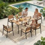 Outdoor Dining Set, Patio Table and Chairs Set with Umbrella Hole, 7 Pieces HDPS + Aluminum Patio Dining Furniture Set for Backyard, Garden (Gray & Teak) - Image 7