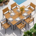 Outdoor Dining Set, Patio Table and Chairs Set with Umbrella Hole, 7 Pieces HDPS + Aluminum Patio Dining Furniture Set for Backyard, Garden (Gray & Teak) - Image 9