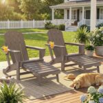 Outsunny Folding Adirondack Chair Set of 2, Outdoor HDPE Fire Pit Chair with Retractable Ottoman, Cup Holder and Large Seat for Deck, Garden, Backyard, Brown - Image 10