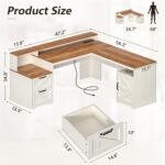 YOMILUVE 63" Farmhouse L Shaped Executive Desk with Drawers & Storage Shelf, Corner Computer Desk with Power Outlets, L Shaped Office Desk with Monitor Stand, Printer Shelf, Antique White - Image 3