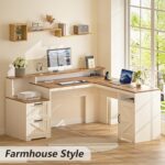 YOMILUVE 63" Farmhouse L Shaped Executive Desk with Drawers & Storage Shelf, Corner Computer Desk with Power Outlets, L Shaped Office Desk with Monitor Stand, Printer Shelf, Antique White - Image 4